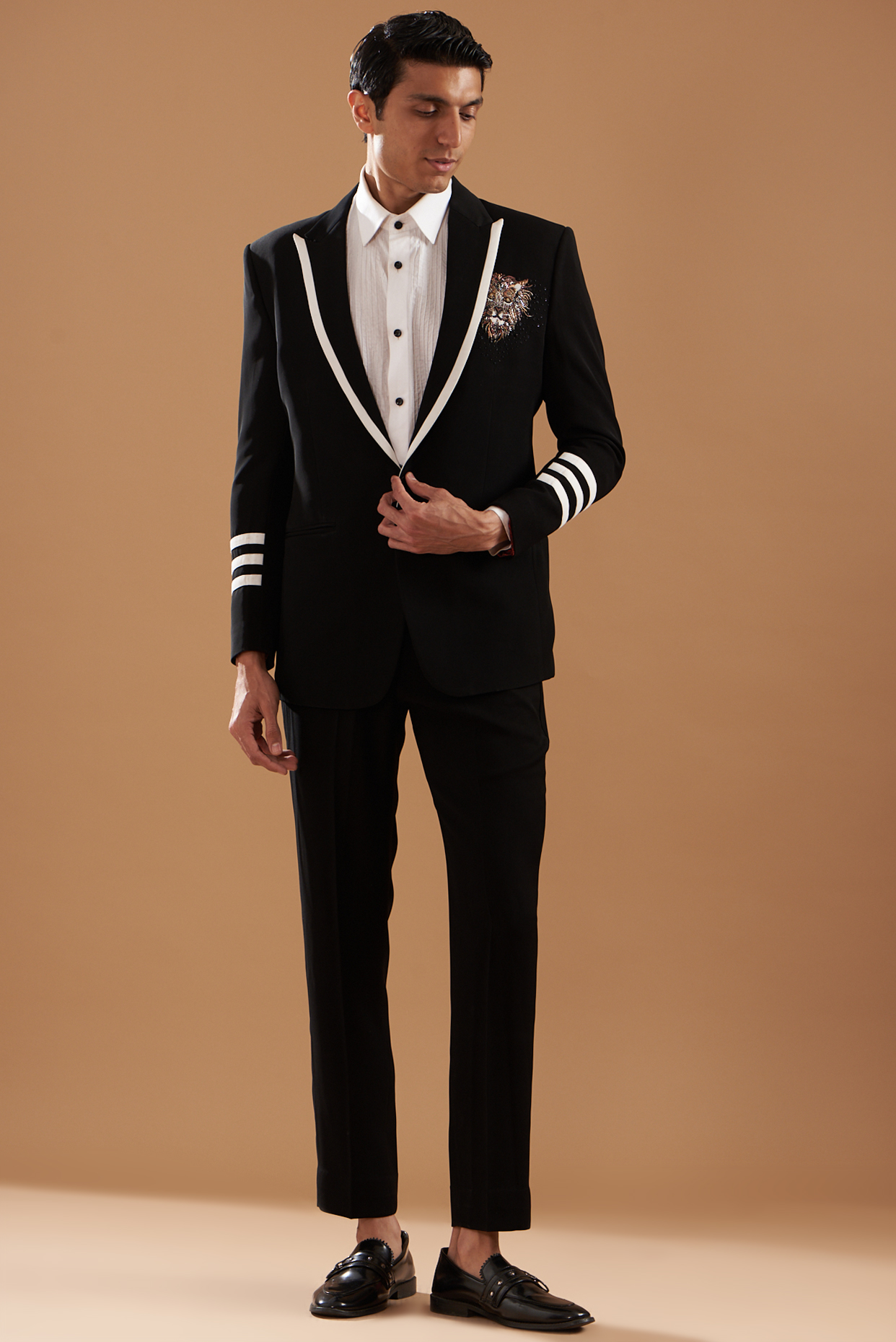 Black Italian Crepe Embroidered Tuxedo Set by Dev Kumar at Pernia's Pop Up Shop