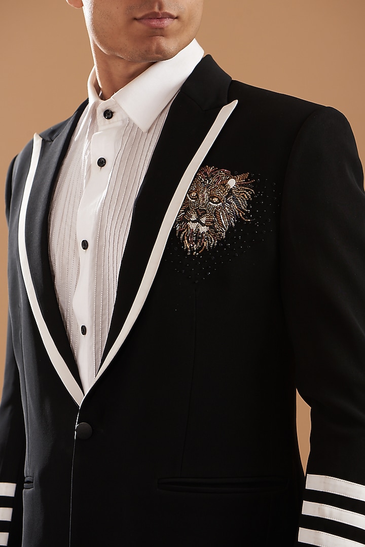 Black Italian Crepe Embroidered Tuxedo Set by Dev Kumar at Pernia's Pop Up Shop