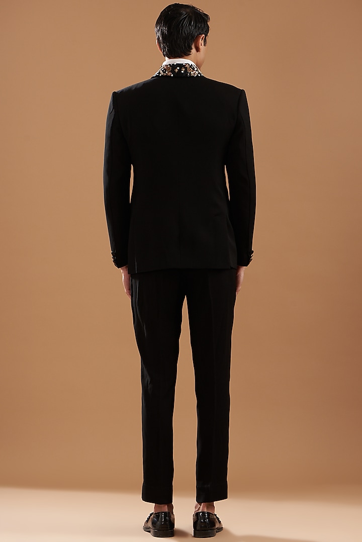 Black Italian Crepe Embroidered Tuxedo Set by Dev Kumar at Pernia's Pop Up Shop