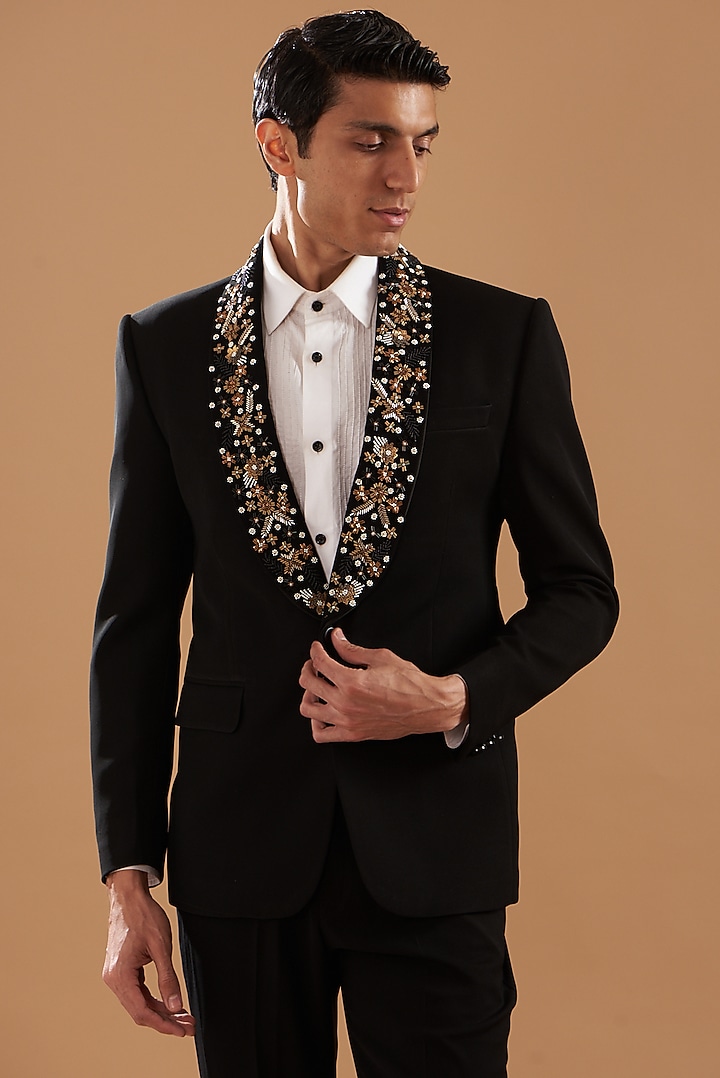 Black Italian Crepe Embroidered Tuxedo Set by Dev Kumar at Pernia's Pop Up Shop