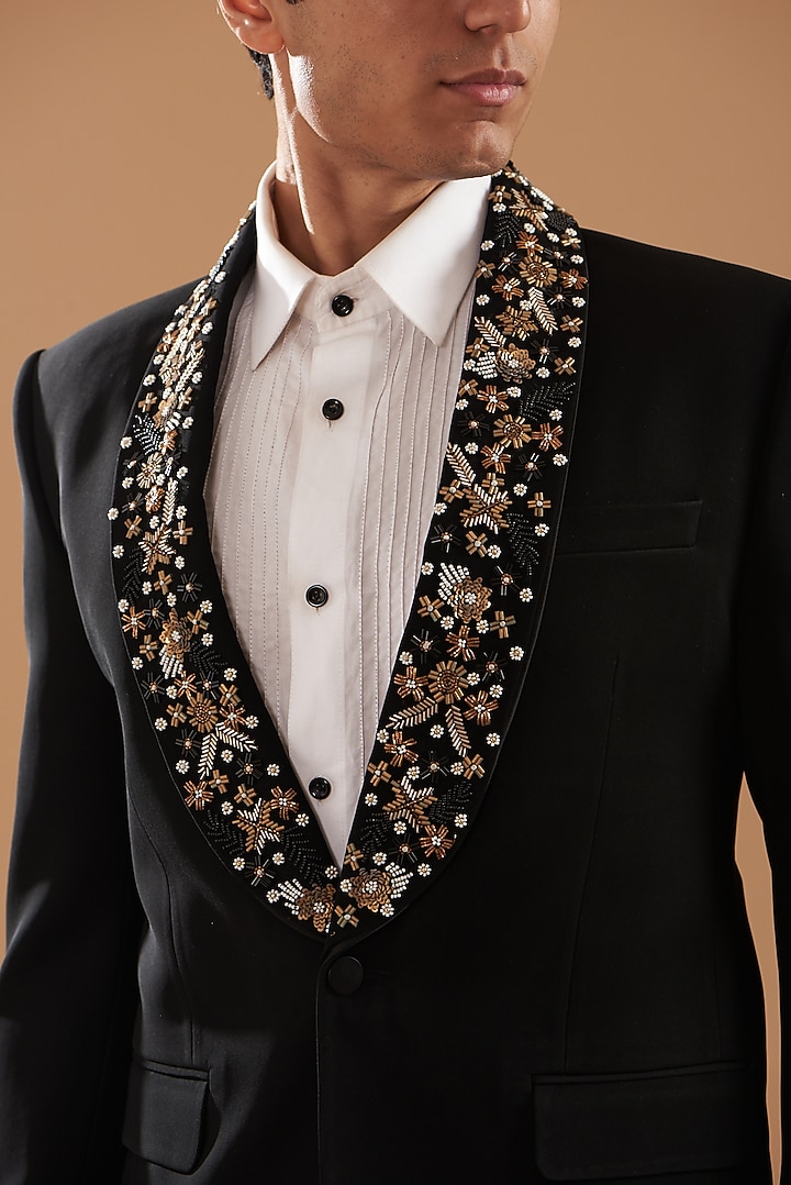 Black Italian Crepe Embroidered Tuxedo Set by Dev Kumar at Pernia's Pop Up Shop
