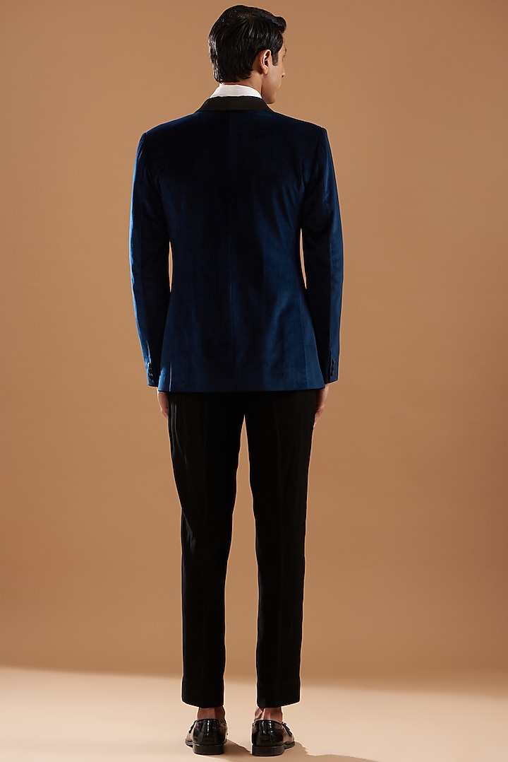 Navy Blue Silk Velvet Blazer Set by Dev Kumar at Pernia's Pop Up Shop
