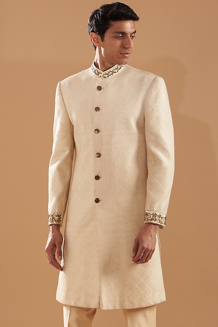 Beige Raw Silk Embroidered Wedding Indowestern Set by Dev Kumar at Pernia's Pop Up Shop