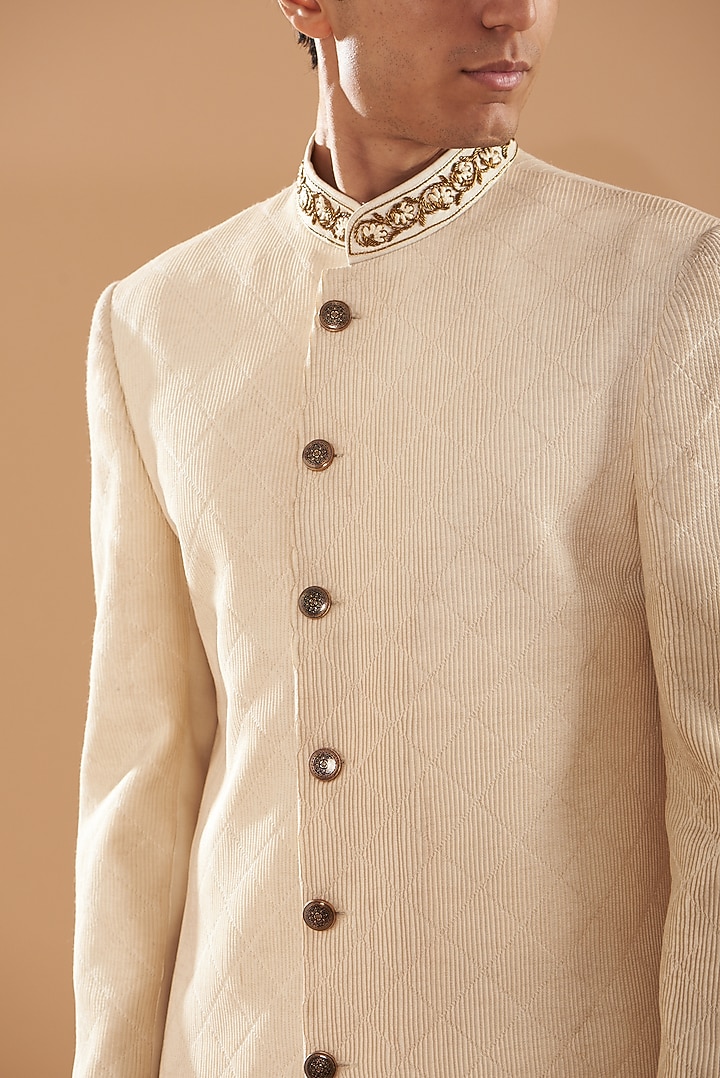 Beige Raw Silk Embroidered Wedding Indowestern Set by Dev Kumar at Pernia's Pop Up Shop
