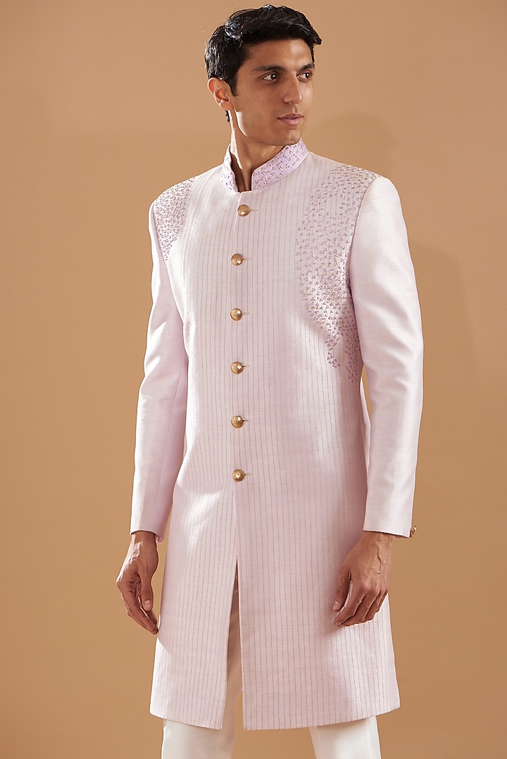 Pastel Purple Raw Silk Embroidered Wedding Indowestern Set by Dev Kumar at Pernia's Pop Up Shop