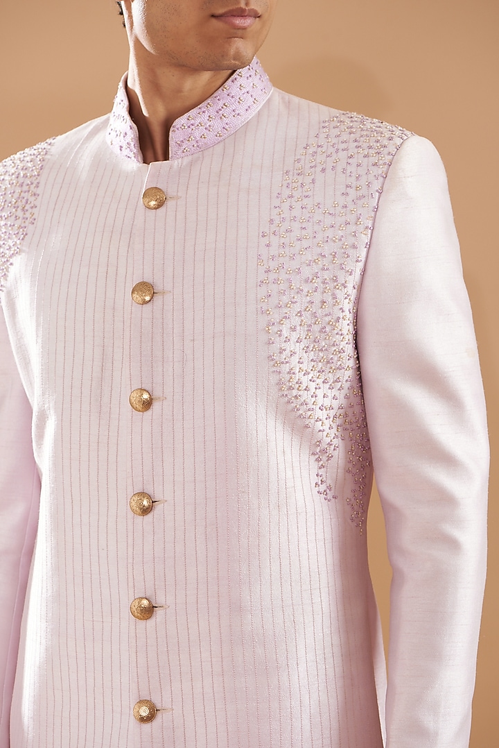 Pastel Purple Raw Silk Embroidered Wedding Indowestern Set by Dev Kumar at Pernia's Pop Up Shop