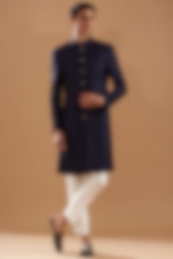 Navy Blue Silk Brocade Indowestern Set by Dev Kumar