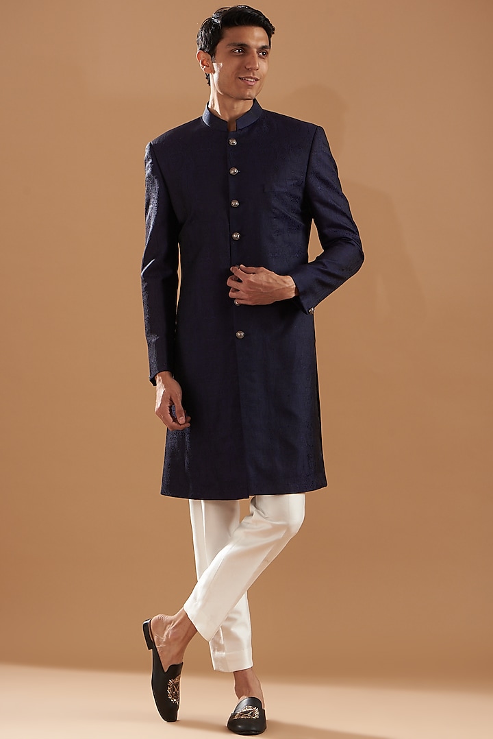 Navy Blue Silk Brocade Indowestern Set by Dev Kumar