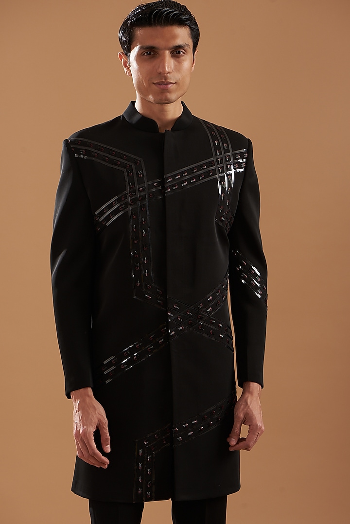 Black Italian Crepe Wedding Indowestern Set by Dev Kumar at Pernia's Pop Up Shop