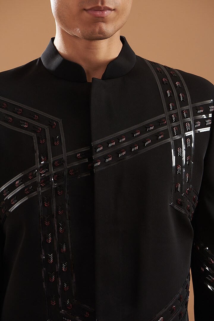 Black Italian Crepe Wedding Indowestern Set by Dev Kumar at Pernia's Pop Up Shop