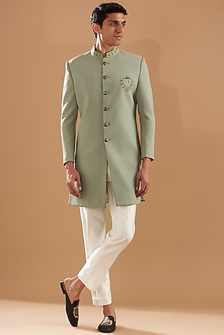 Pastel Green Italian Crepe Embroidered Indowestern Set by Dev Kumar