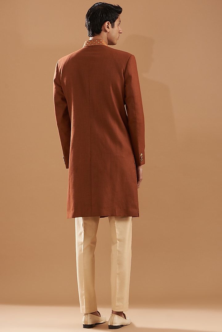 Rust Raw Silk Embroidered Wedding Indowestern Set by Dev Kumar at Pernia's Pop Up Shop