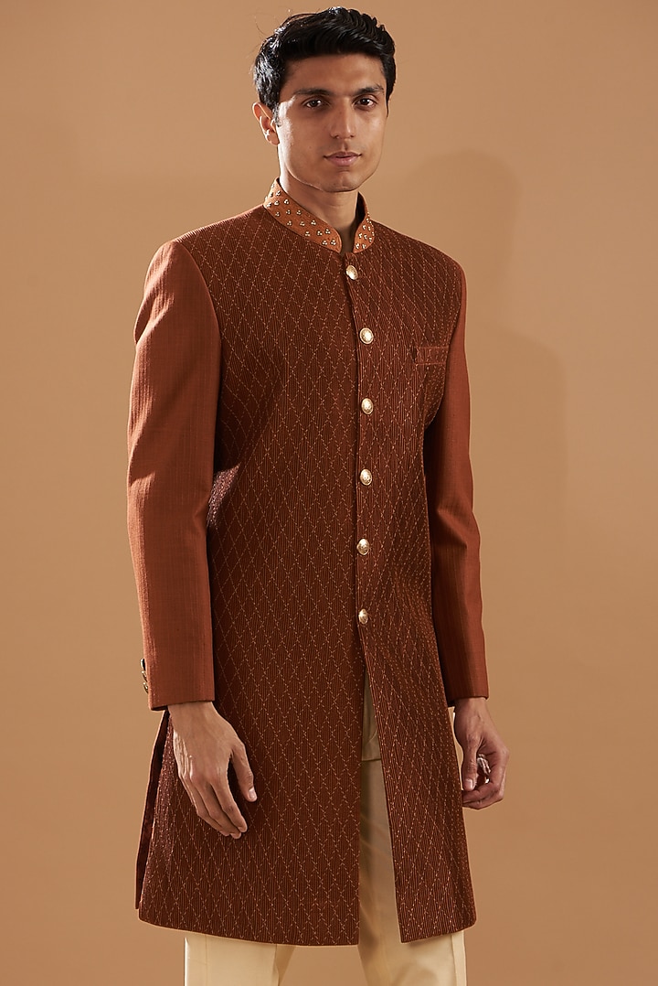 Rust Raw Silk Embroidered Wedding Indowestern Set by Dev Kumar at Pernia's Pop Up Shop