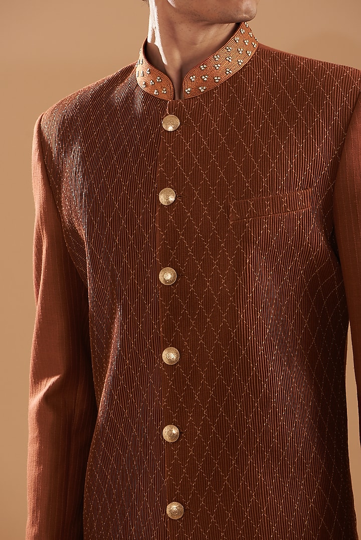 Rust Raw Silk Embroidered Wedding Indowestern Set by Dev Kumar at Pernia's Pop Up Shop