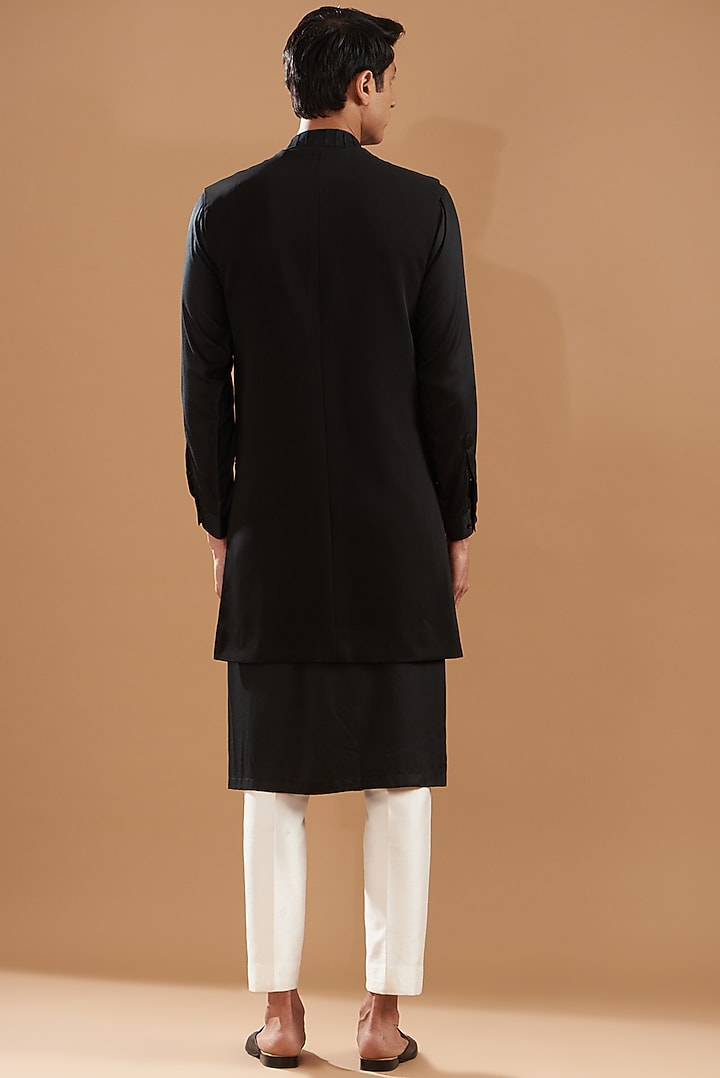 Black Crepe Blend Embroidered Jacket Set by Dev Kumar at Pernia's Pop Up Shop