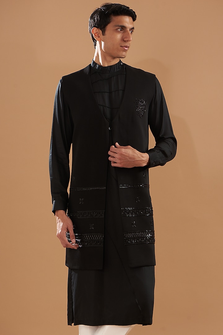 Black Crepe Blend Embroidered Jacket Set by Dev Kumar at Pernia's Pop Up Shop