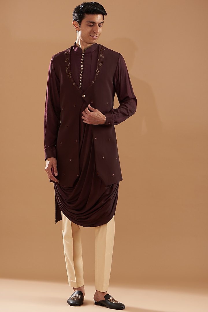 Wine Crepe Blend Embroidered Jacket Set by Dev Kumar at Pernia's Pop Up Shop