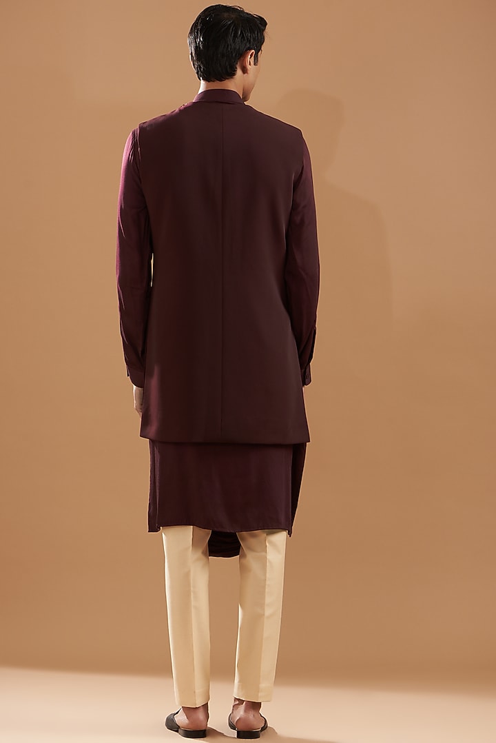 Wine Crepe Blend Embroidered Jacket Set by Dev Kumar at Pernia's Pop Up Shop