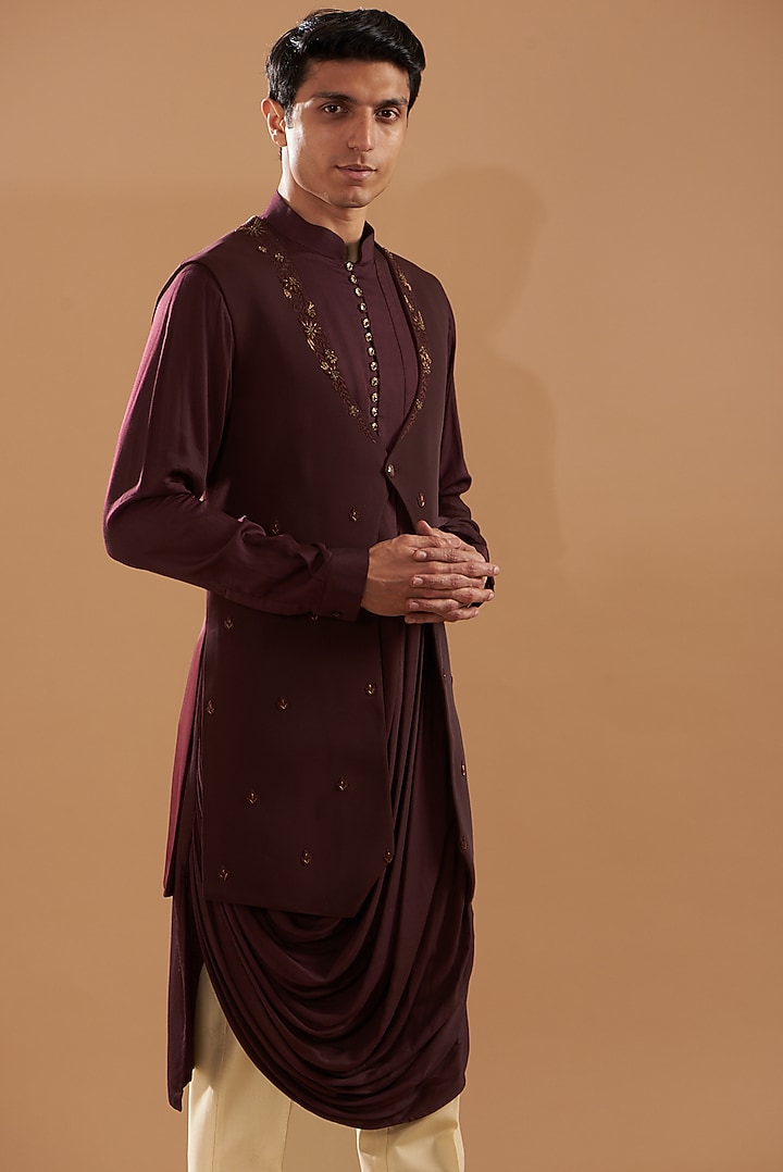 Wine Crepe Blend Embroidered Jacket Set by Dev Kumar at Pernia's Pop Up Shop