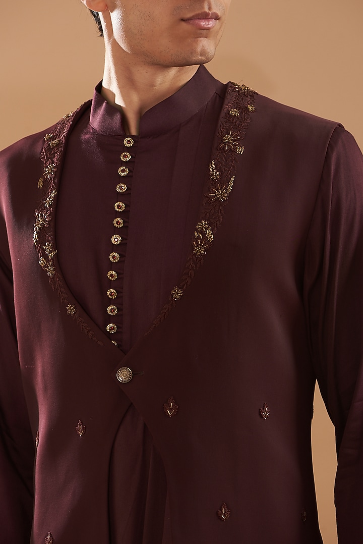 Wine Crepe Blend Embroidered Jacket Set by Dev Kumar at Pernia's Pop Up Shop