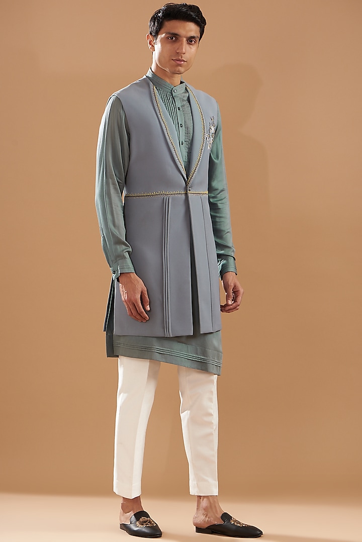 Sky Blue Crepe Blend Embroidered Jacket Set by Dev Kumar