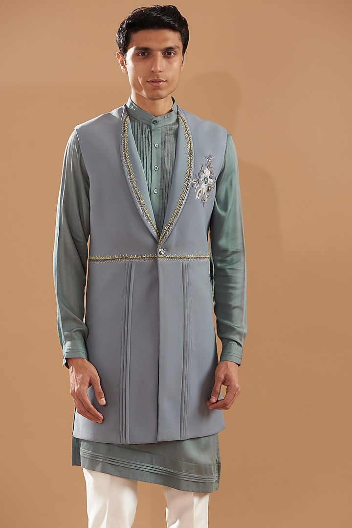 Sky Blue Crepe Blend Embroidered Jacket Set by Dev Kumar at Pernia's Pop Up Shop