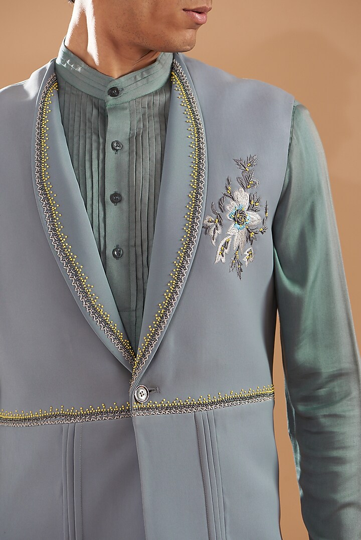 Sky Blue Crepe Blend Embroidered Jacket Set by Dev Kumar at Pernia's Pop Up Shop