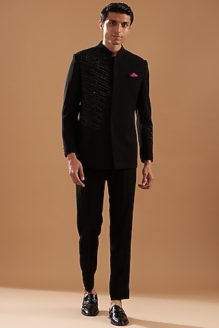 Black Italian Crepe Embroidered Bandhgala Set by Dev Kumar