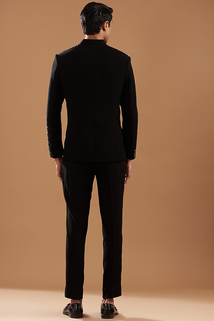 Black Italian Crepe Embroidered Wedding Bandhgala Set by Dev Kumar at Pernia's Pop Up Shop