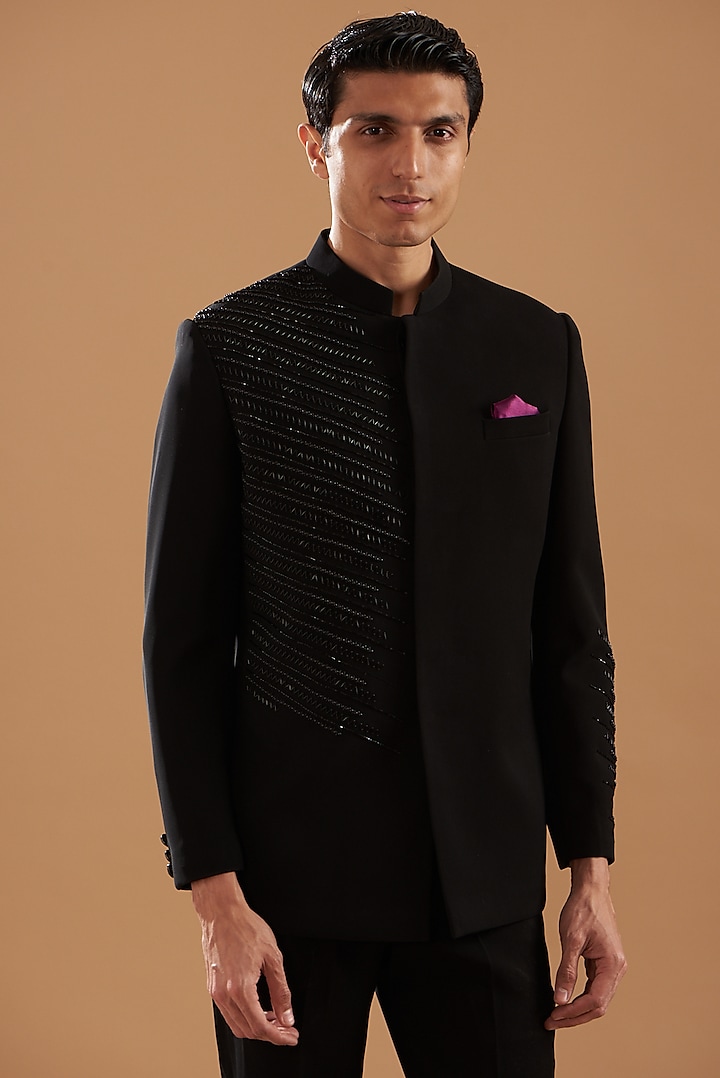 Black Italian Crepe Embroidered Wedding Bandhgala Set by Dev Kumar at Pernia's Pop Up Shop