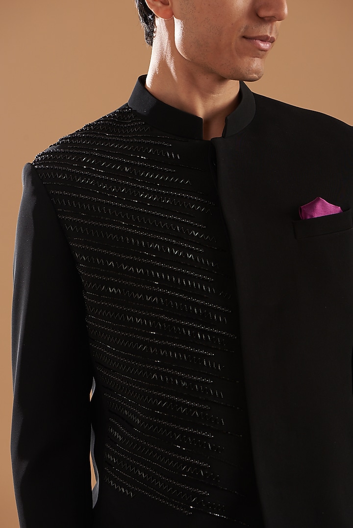 Black Italian Crepe Embroidered Wedding Bandhgala Set by Dev Kumar at Pernia's Pop Up Shop