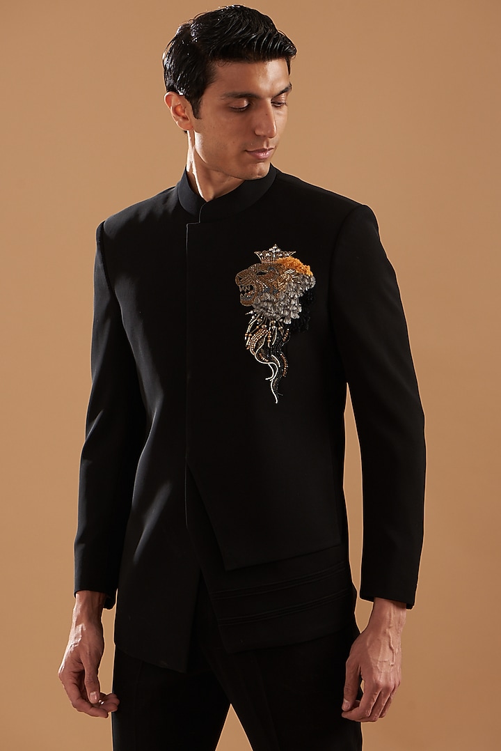 Black Italian Crepe Embroidered Wedding Bandhgala Set by Dev Kumar at Pernia's Pop Up Shop