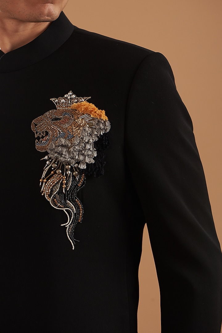 Black Italian Crepe Embroidered Wedding Bandhgala Set by Dev Kumar at Pernia's Pop Up Shop