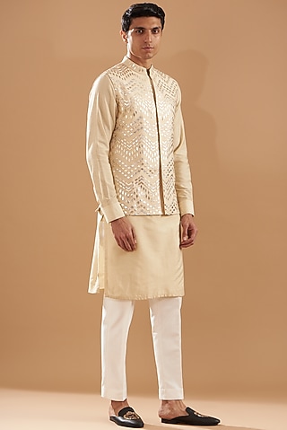 Beige Raw Silk Foil Work Bundi Jacket Set by Dev Kumar