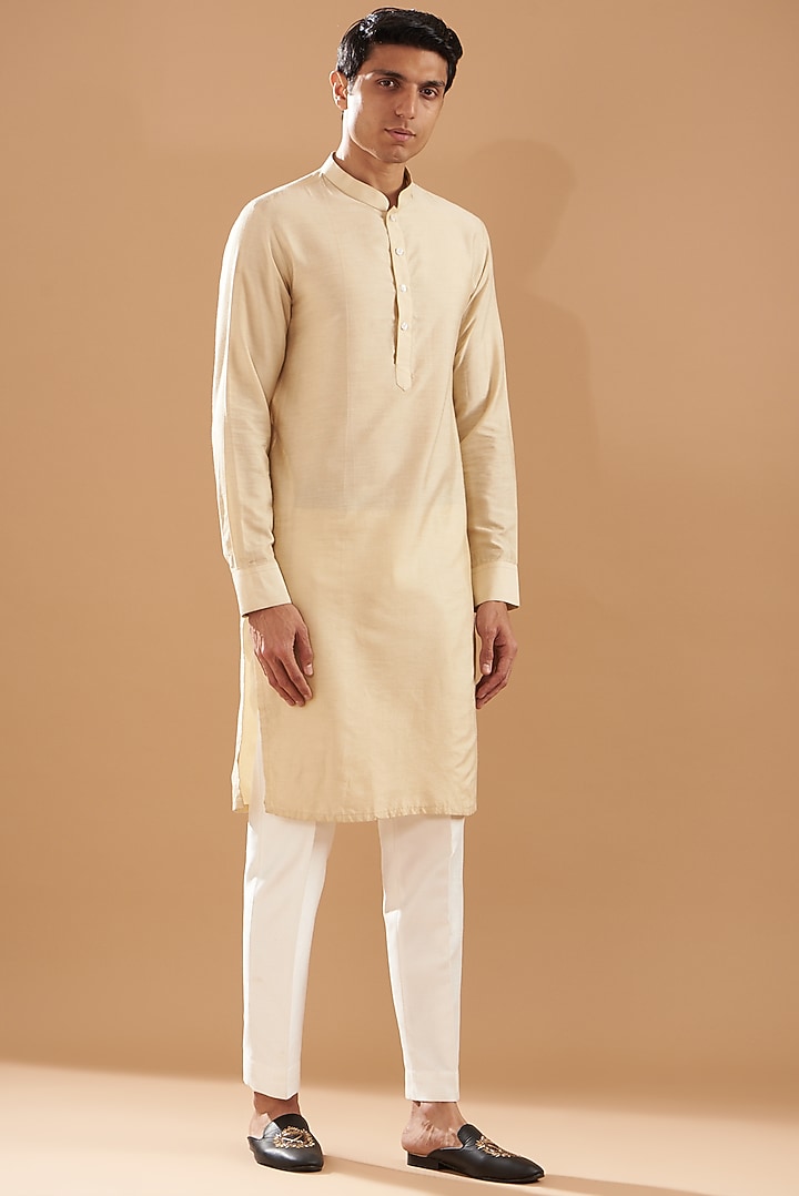 Beige Raw Silk Foil Work Bundi Jacket Set by Dev Kumar at Pernia's Pop Up Shop