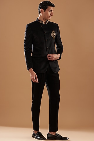 Black Silk Velvet Embroidered Bandhgala Set by Dev Kumar