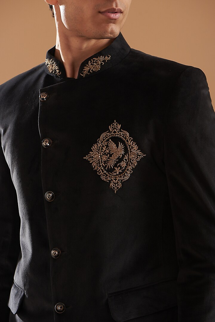 Black Silk Velvet Embroidered Bandhgala Set by Dev Kumar