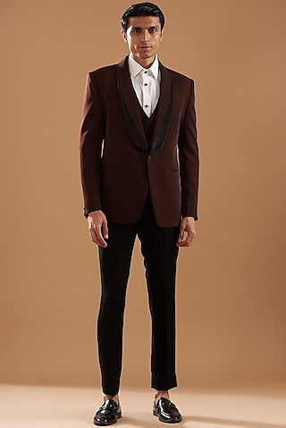 Wine Italian Crepe Tuxedo Set by Dev Kumar