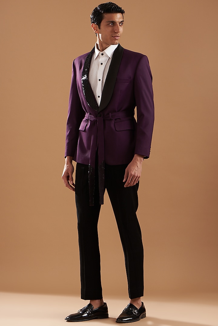 Dark Purple Terry Rayon Embroidered Tuxedo Set by Dev Kumar