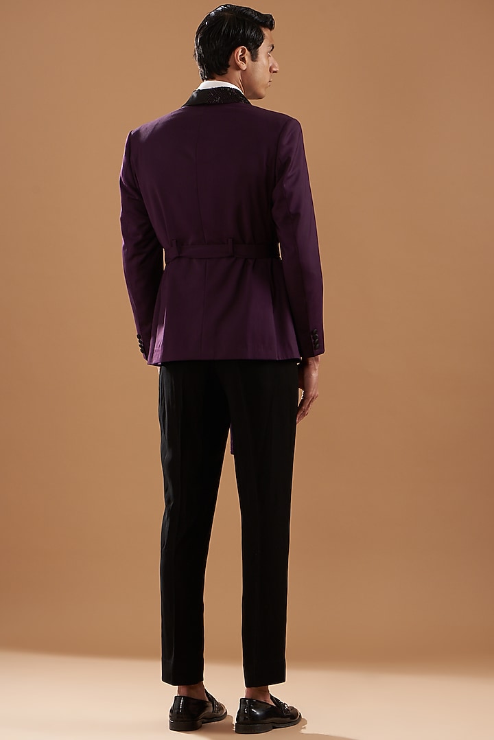 Dark Purple Terry Rayon Embroidered Tuxedo Set by Dev Kumar at Pernia's Pop Up Shop