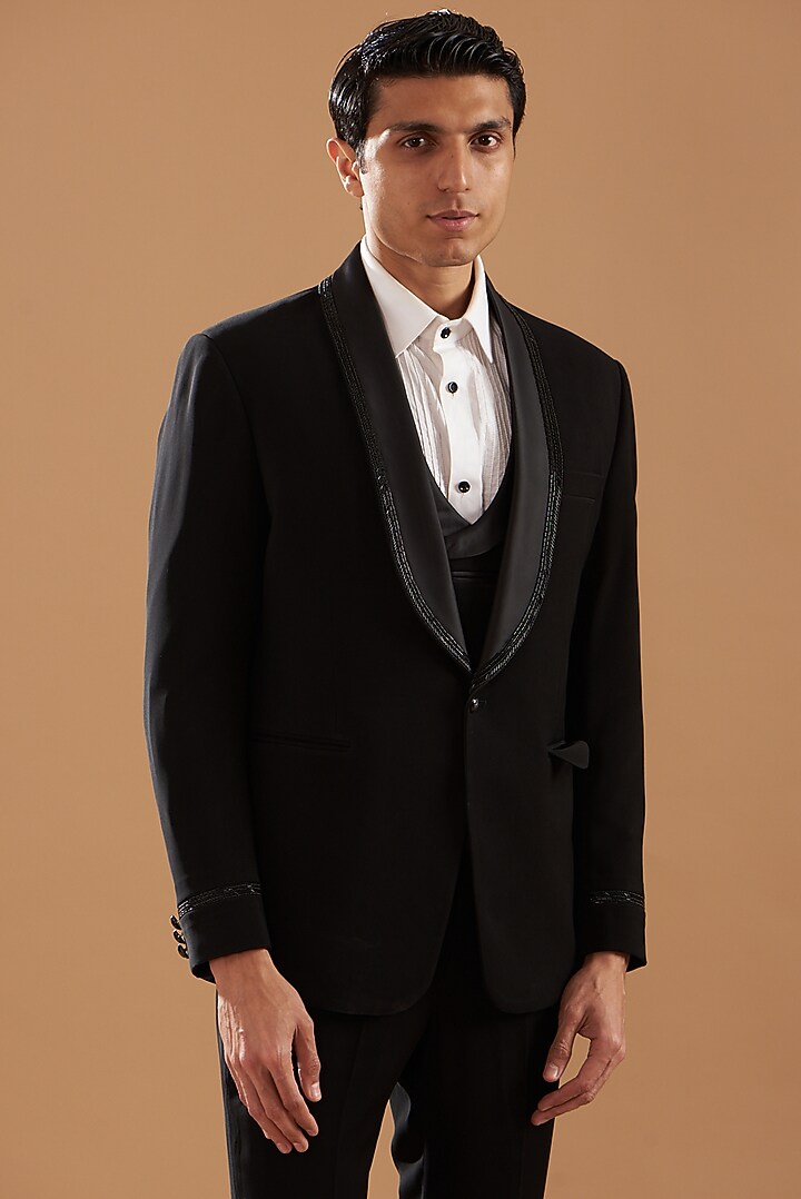 Black Italian Crepe Embroidered Tuxedo Set by Dev Kumar at Pernia's Pop Up Shop