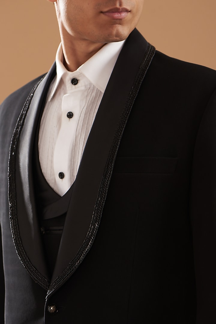 Black Italian Crepe Embroidered Tuxedo Set by Dev Kumar at Pernia's Pop Up Shop