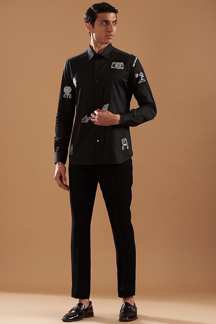 Black Cotton Satin Embroidered Party Wear Shirt by Dev Kumar at Pernia's Pop Up Shop