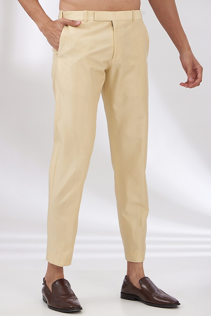 Beige Cotton Silk Trousers by Dev Kumar