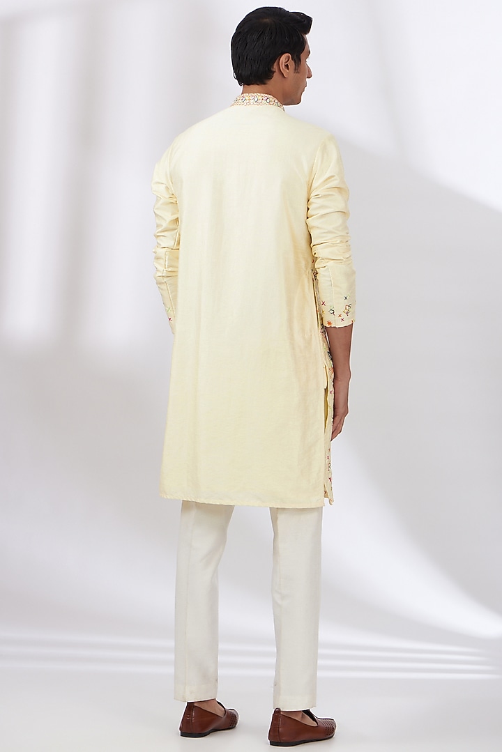Yellow Cotton Silk Embroidered Kurta Set by Dev Kumar at Pernia's Pop Up Shop