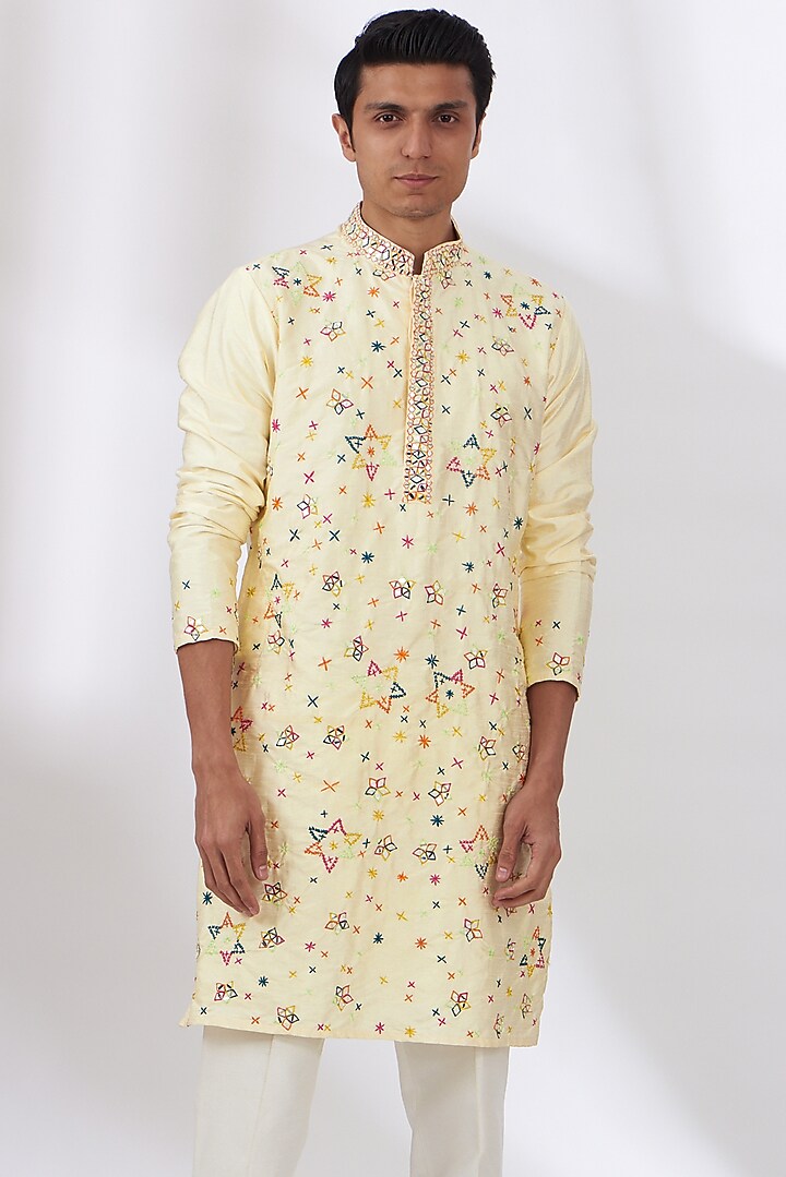 Yellow Cotton Silk Embroidered Kurta Set by Dev Kumar at Pernia's Pop Up Shop