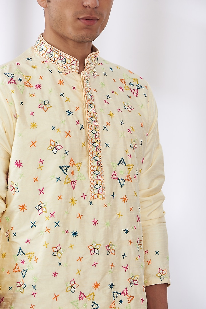 Yellow Cotton Silk Embroidered Kurta Set by Dev Kumar at Pernia's Pop Up Shop