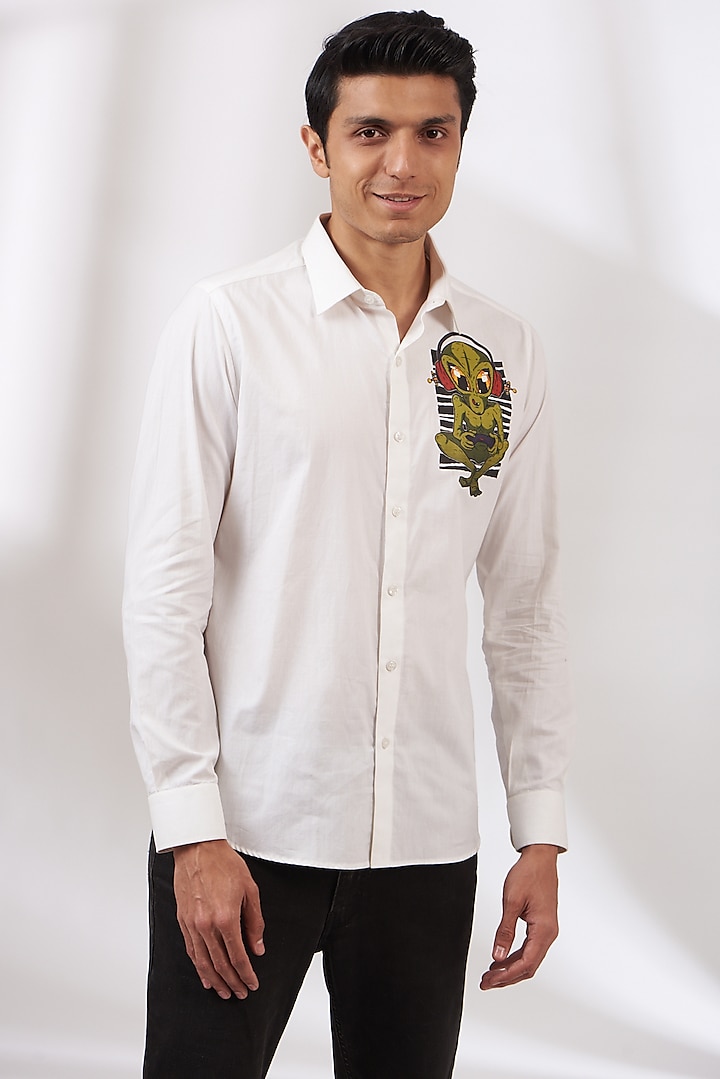 White Cotton Satin Printed Shirt by Dev Kumar