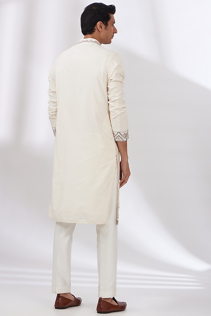 Ivory Cotton Silk Embroidered Kurta Set by Dev Kumar at Pernia's Pop Up Shop