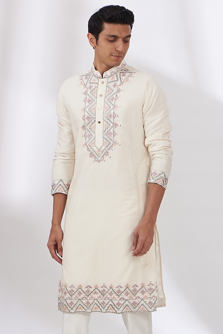 Ivory Cotton Silk Embroidered Kurta Set by Dev Kumar at Pernia's Pop Up Shop